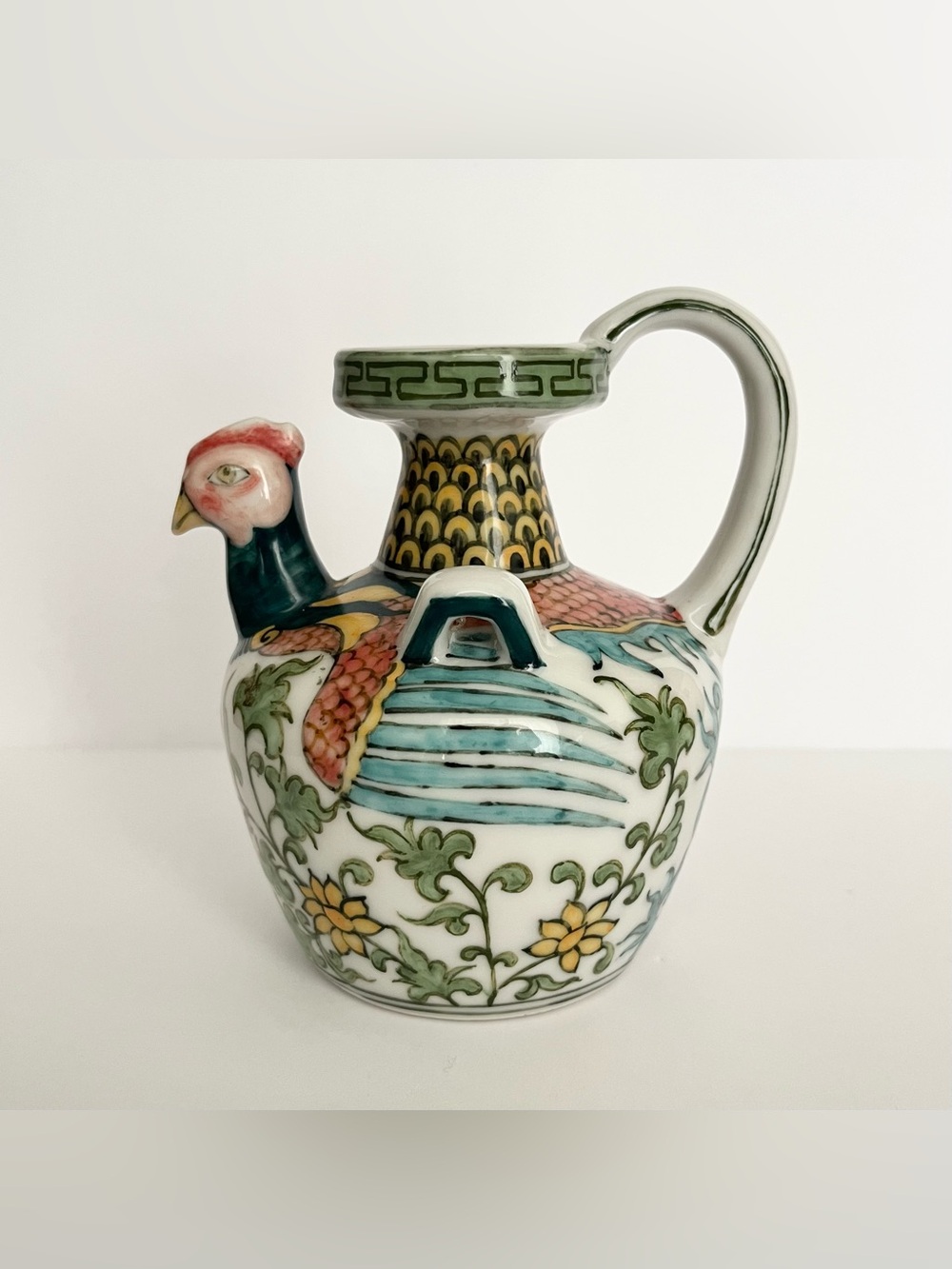 Vintage Chinese Hand-Painted Porcelain Chicken Rooster Pitcher Ewer Ornate